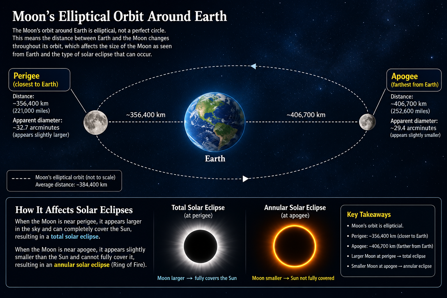 Diagram of the Moon's elliptical orbit around Earth showing how distance changes its apparent size and whether it can completely cover the Sun.