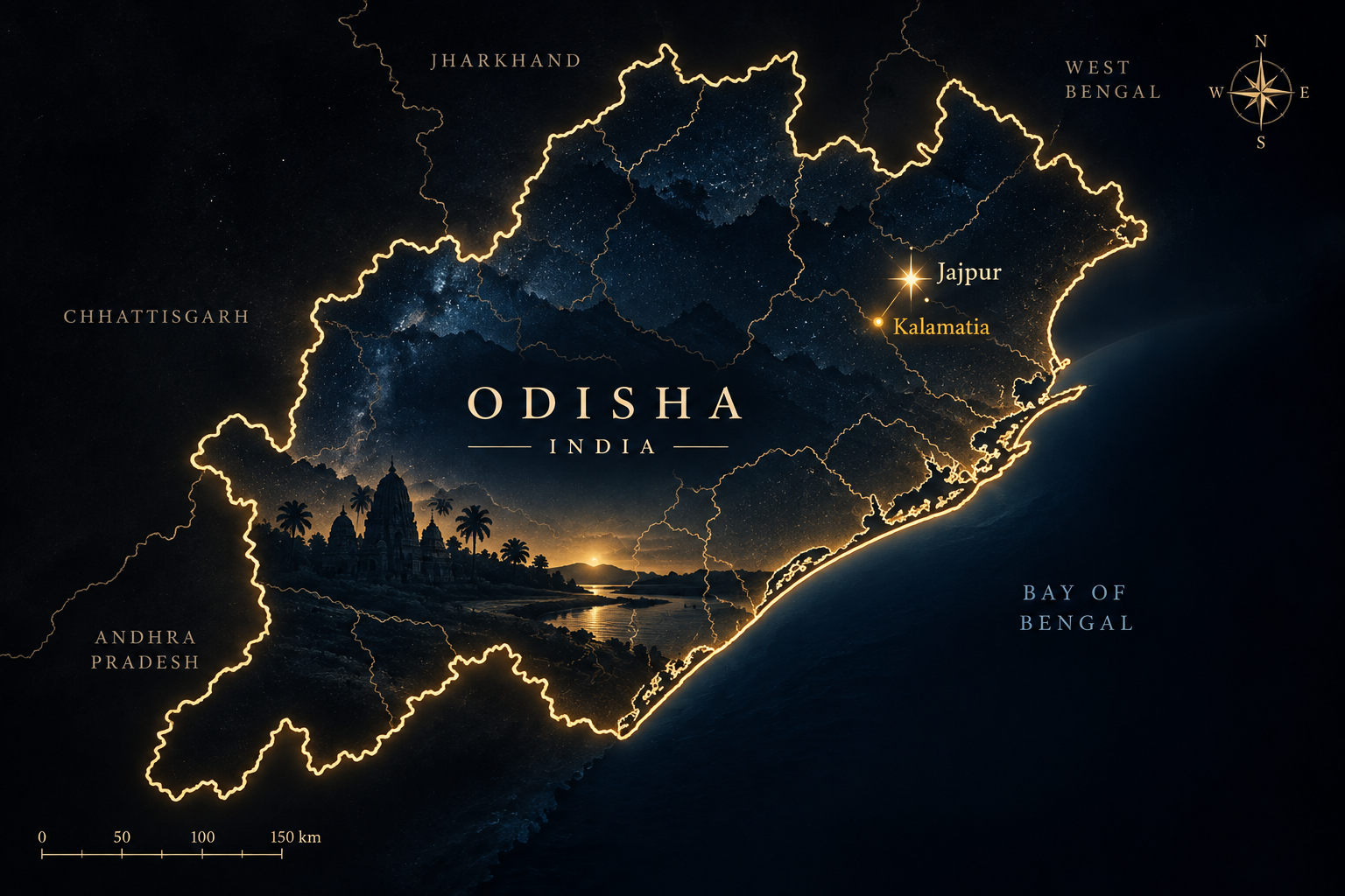 Odisha map highlighting Jajpur and Kalamatia, where the journey began